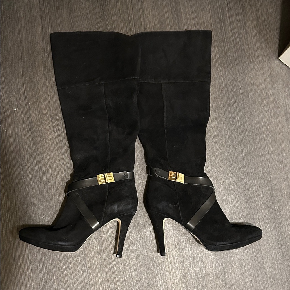 Marc Fisher Black Heeled Boots with Gold Buckle